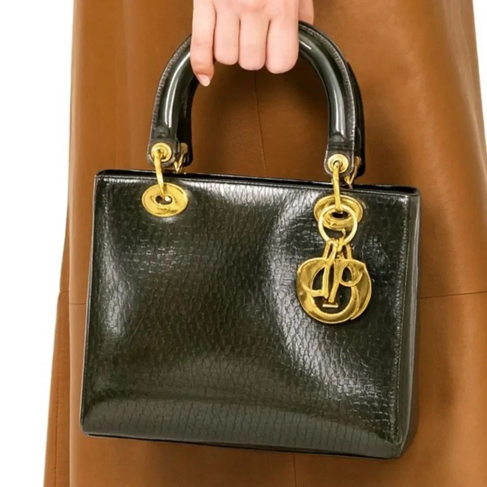 DIOR Olive Green Monogram Patent Leather Lady Dior Bag